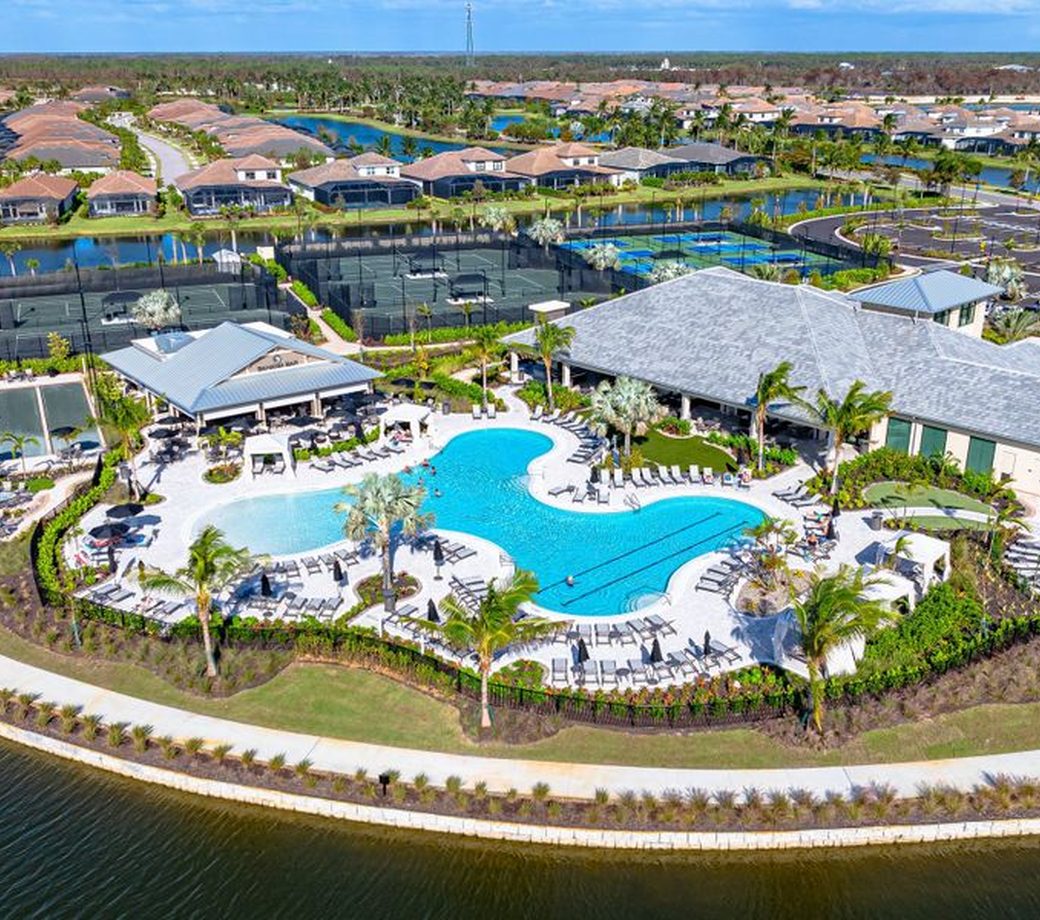 Resort-style pool, pavilion, and tennis courts at Esplanade at Azario, Lakewood Ranch — sister community to Esplanade at Cammaray